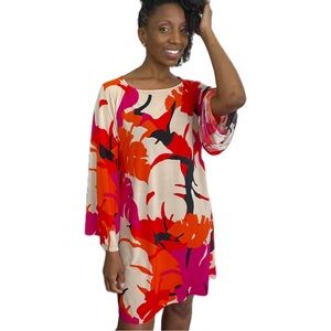MSK, red, fuchsia, orange, black and beige, midi leaf print dress, size L